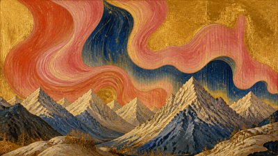 a flowing aurora over snowy peaks, wide sweeping composition, no people, no text