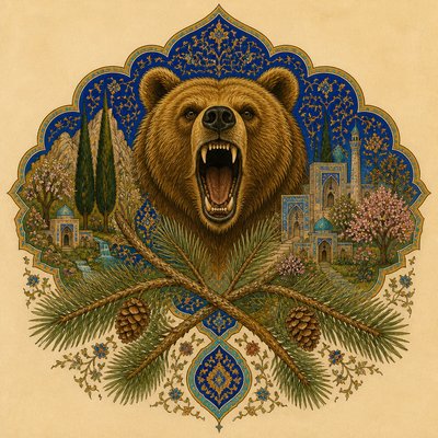 a roaring bear head above crossed pine branches, bold graphic composition on a plain background, no text