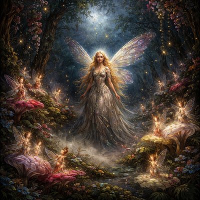 a surreal Victorian faerie scene in a dense moonlit woodland, tiny luminous faeries perched on glowing mushrooms and curling flower petals, central faerie figure standing gracefully with layered iridescent wings, surrounded by clusters of miniature woodland spirits whispering and observing, jewel‑tone palette of ruby, emerald, sapphire, and opal glows, tall twisting trees framing the scene with hanging blossoms and tangled vines, soft mist drifting across the forest floor, delicate theatrical lighting illuminating faces and wings, scattered bioluminescent insects hovering in the air, intricate Victorian fabrics and filigree details on garments, dreamlike composition with overlapping layers of figures and foliage, painterly textures with fine detail and soft halos of light, styled in the artistic approach of John Anster Fitzgerald, 19th‑century fantasy illustration with whimsical yet mysterious atmosphere