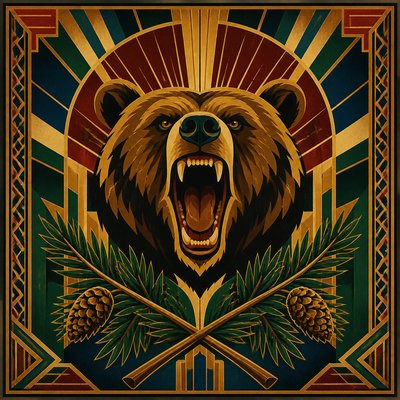 a roaring bear head above crossed pine branches, bold graphic composition on a plain background, no text