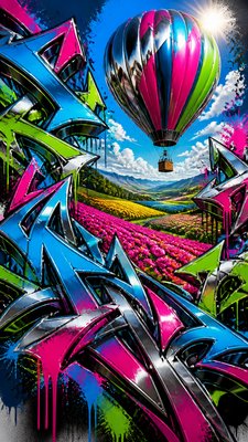 a hot air balloon drifting over rolling flower fields on a sunny day, cheerful, no text