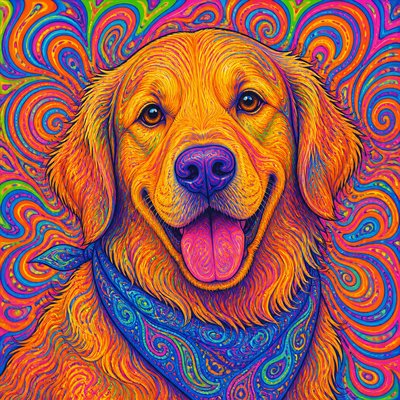 portrait of a golden retriever wearing a blue bandana, warm plain backdrop, no text