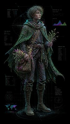 full-body original character: a wandering botanist with a satchel of plants, a patched green cloak, tall boots and round glasses, neutral background