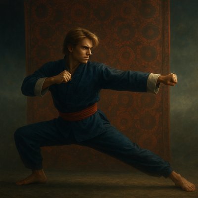a painting of a man in a karate stance