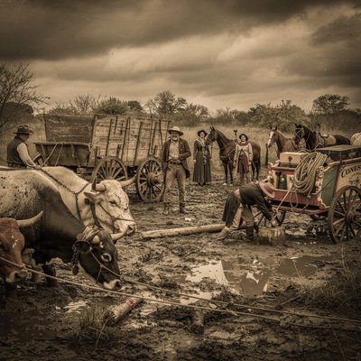 A highly realistic and historically accurate image set in the deep, waterlogged mud of the Texas Cross Timbers (Montague County) in 1840. The scene captures the frustrating moment when the Chihuahua Traders caravan is completely stuck. Foreground focus is on several heavy, wooden Conestoga freight wagons, mired up to their axles in dark, thick mud. Exhausted oxen are straining and distressed, their drivers in rough frontier attire attempting to free the wheels with ropes and levers. In the mid-ground, a small group of the American equestrian circus performers stands next to their distinctive, high-quality riding horses, which are visibly more refined than the typical pack animals. The performers are dressed in sturdy but distinct traveling clothes, looking ill-equipped and frustrated by the muddy conditions. One performer is carefully securing a colorful carriage or cart containing unique circus props, struggling to keep it from sinking. The overall mood is one of miserable delay and hardship. Cloudy, oppressive sky; detailed realism; wide-angle shot; dark, moody lighting.
