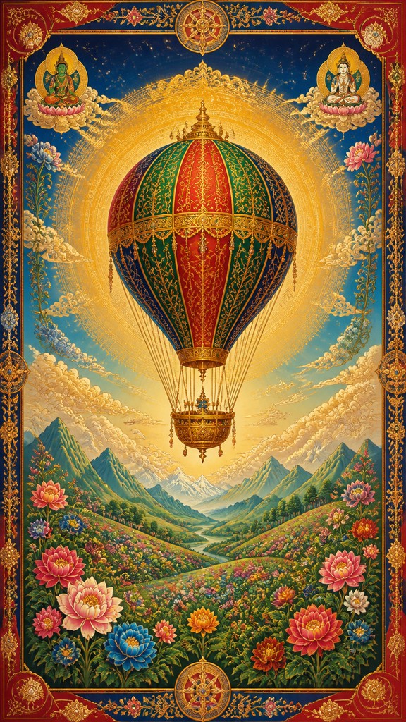 a hot air balloon drifting over rolling flower fields on a sunny day, cheerful, no text