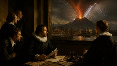 an erupting volcano with lightning strikes, dramatic wide composition, no text
