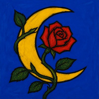 a rose entwined with a crescent moon, clean balanced composition on a plain background, no text