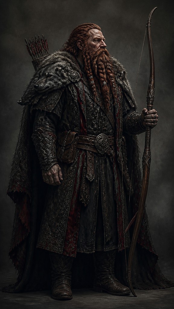 full-body original character: a dwarven ranger with a braided auburn beard, worn leather armor, a longbow and a wolf-pelt cloak, neutral background, no text