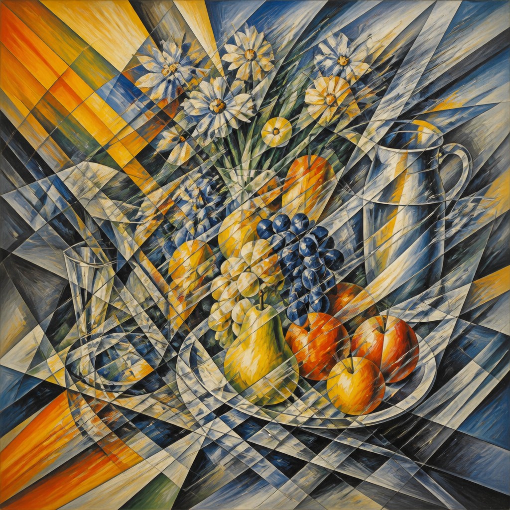 still life arrangement of fruits and flowers