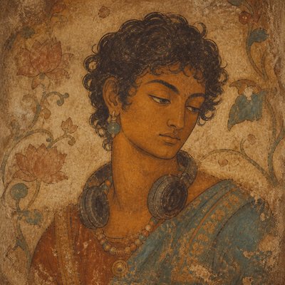 head-and-shoulders portrait of an original character: a young man with curly dark hair and headphones around his neck, plain backdrop, no text