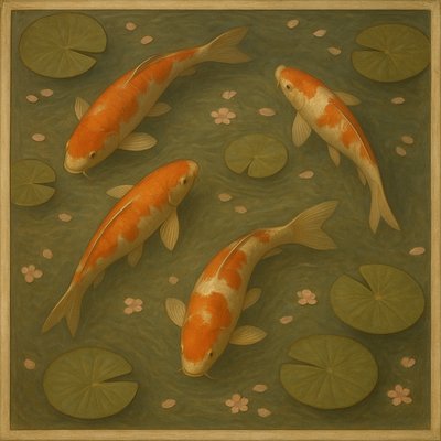 A koi pond seen from above, orange and white koi fish swimming among lily pads, clear water with subtle ripples, fallen cherry blossom petals floating on the surface, dappled sunlight