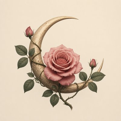 a rose entwined with a crescent moon, clean balanced composition on a plain background, no text