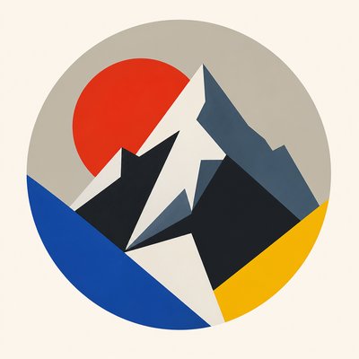 an emblem of a mountain peak inside a circle, simple bold shapes on a plain background, no text or lettering