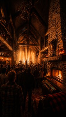 a live music scene with a glowing stage and silhouetted crowd, energetic vertical composition with open space at the top, no text