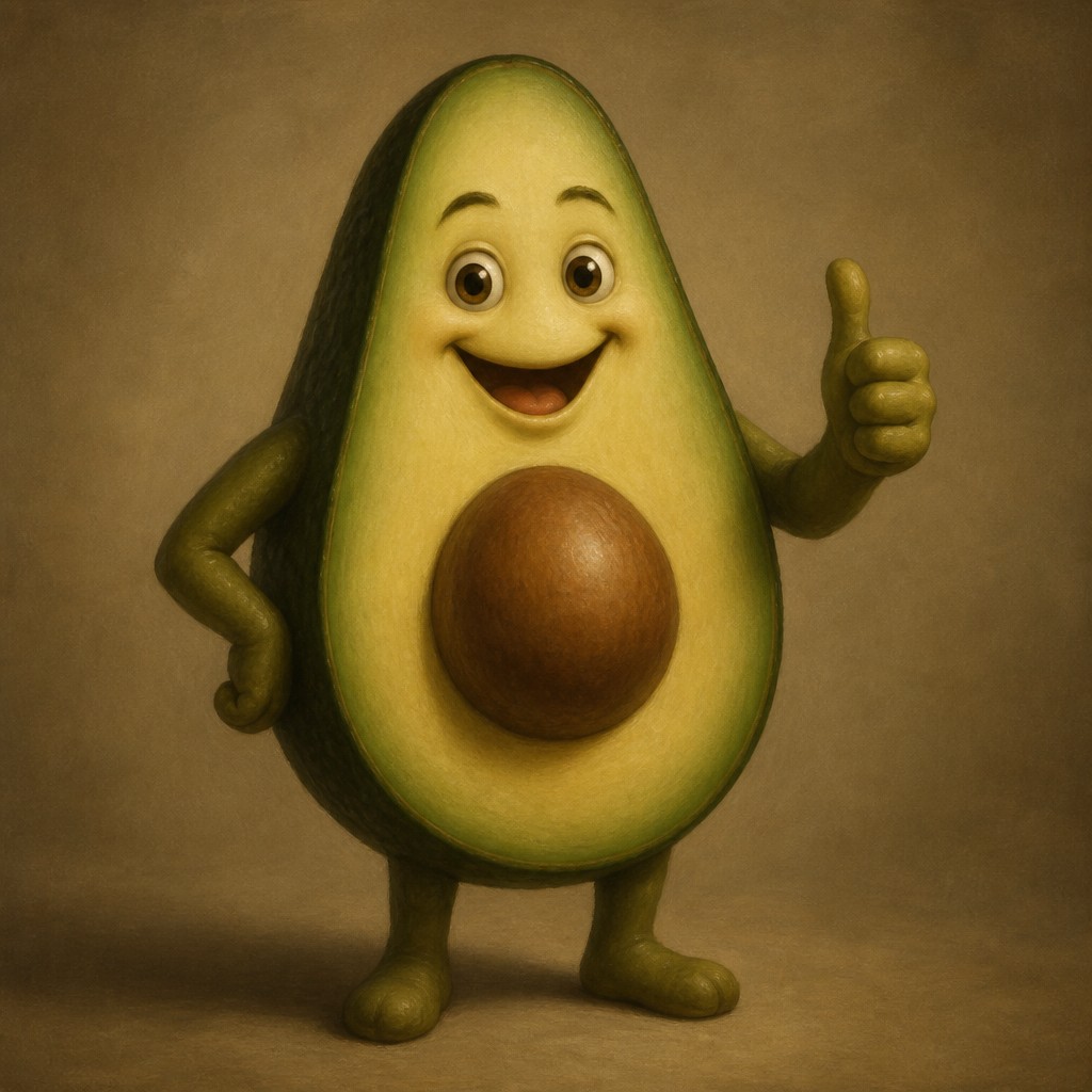 a happy avocado character giving a thumbs up, bold readable design on a plain background, no text