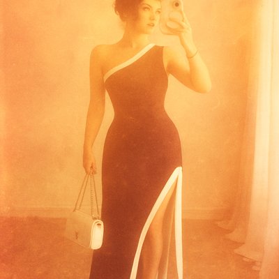 a woman in a black and white dress holding a camera