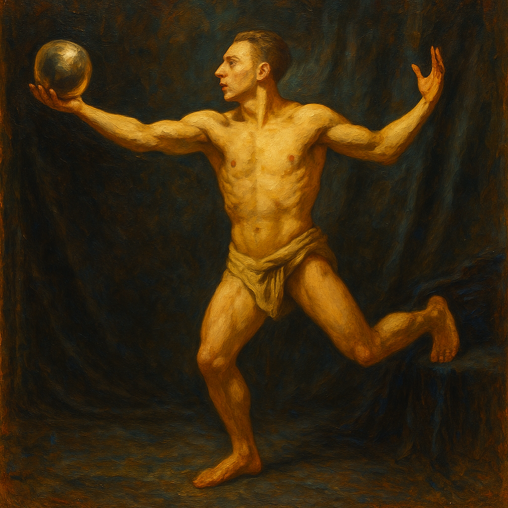 a painting of a man holding a ball
