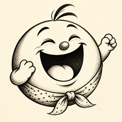 an exaggerated laughing face of an original round mascot character, bold and readable at small size, plain background, no text