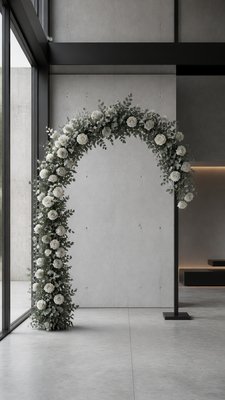 an arch of white roses and eucalyptus in soft morning light, elegant vertical composition with open space, no text