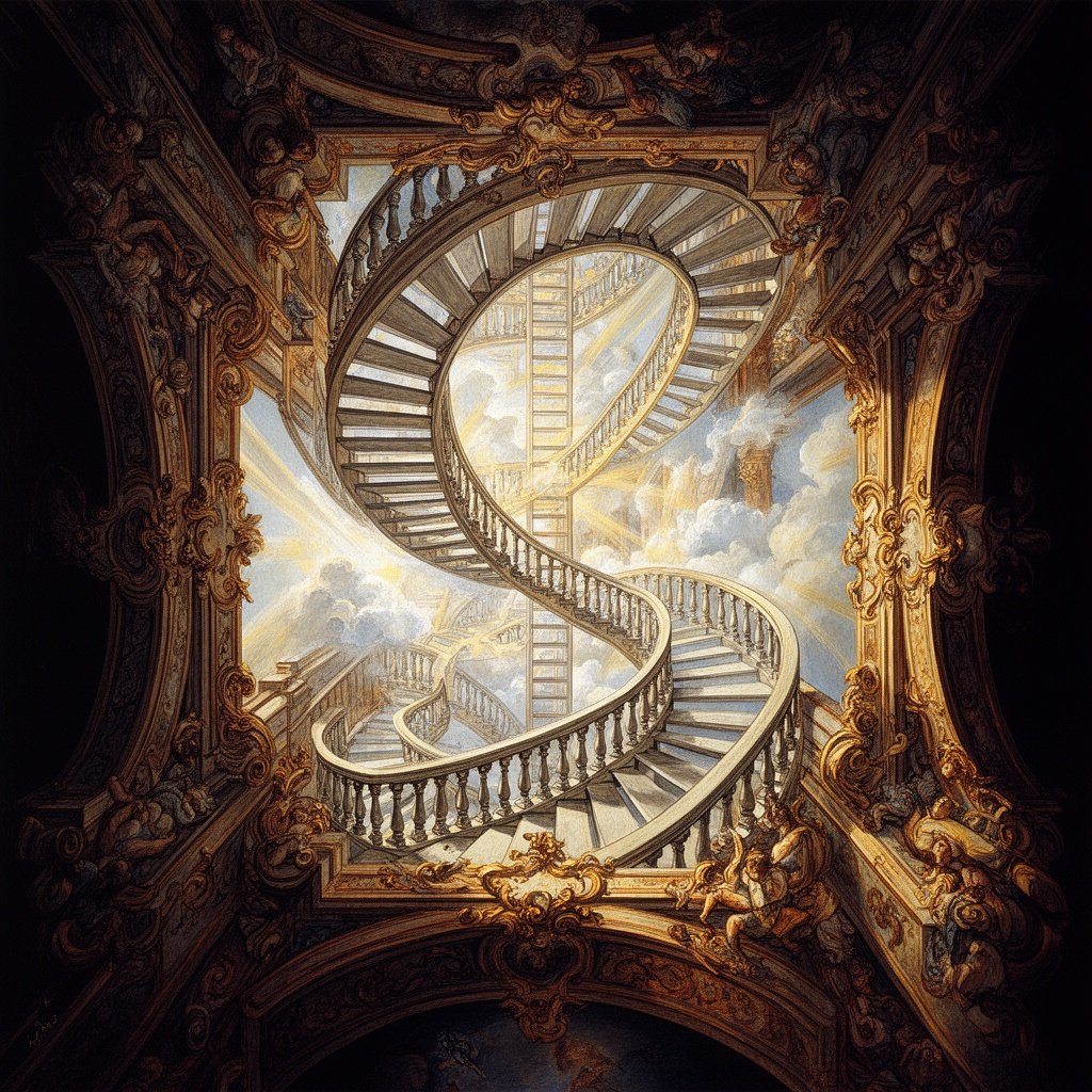 in the style of M.C. Escher, an array of endless staircases of impossible loops and bi-directional pathways, spiraling up like Jacob's ladder to heaven, Cinematic vibrant reflective neon-toned colors, black background