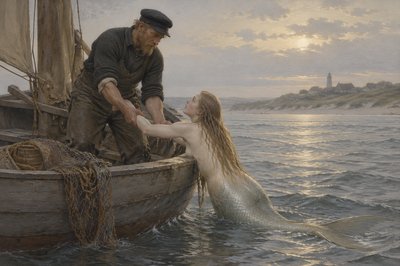 an sailor out at sea pulls a mermaid into his boat 