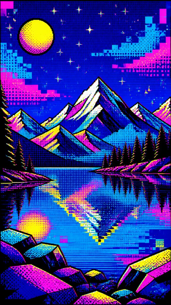 a tranquil mountain lake beneath a starry night sky, no people, no text