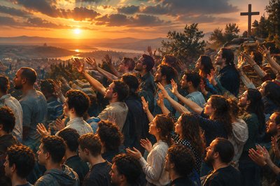 a large group of people with their hands in the air
