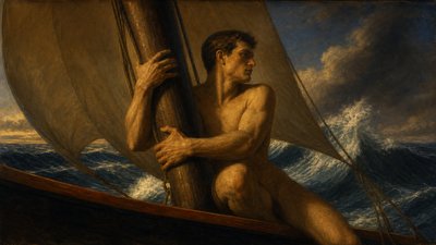 Rockwell Kent illustration depicting ignudi man holding mast tightly in a sailboat tossed by waves 