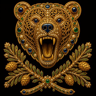 a roaring bear head above crossed pine branches, bold graphic composition on a plain background, no text