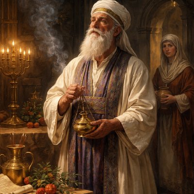 Express without words “There was in the days of Herod, the king of Judaea, a certain priest named Zacharias, of the course of Abia: and his wife was of the daughters of Aaron, and her name was Elisabeth.” (Luke 1:5, KJV) Depict Zacharias in the linens for daily attire.

