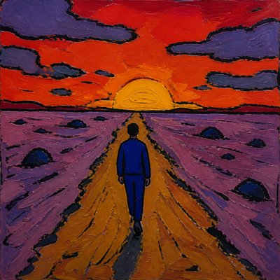 a solitary figure walking toward a glowing horizon across an empty plain, moody atmosphere, no text or lettering