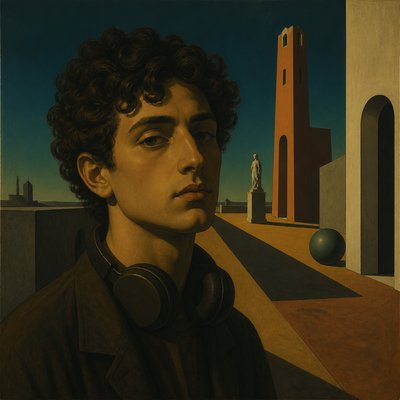 head-and-shoulders portrait of an original character: a young man with curly dark hair and headphones around his neck, plain backdrop, no text