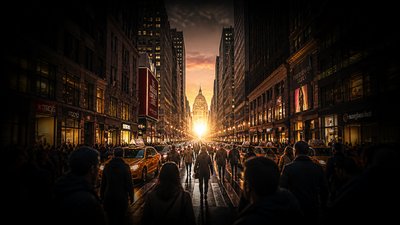 bustling city street panorama at dusk