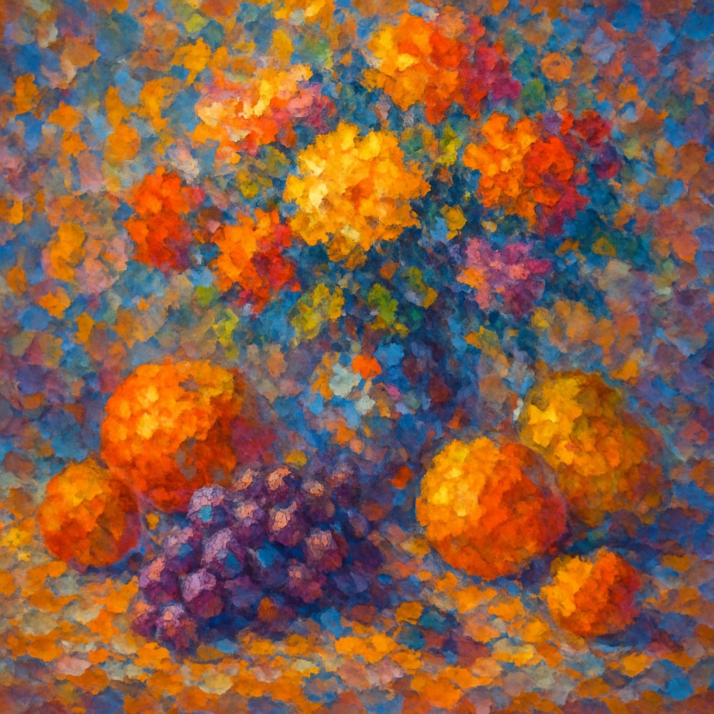 still life arrangement of fruits and flowers