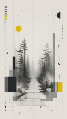 a mysterious forest path with fireflies and drifting mist, atmospheric vertical composition with open space at the top, no text