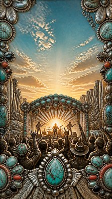 a live music scene with a glowing stage and silhouetted crowd, energetic vertical composition with open space at the top, no text