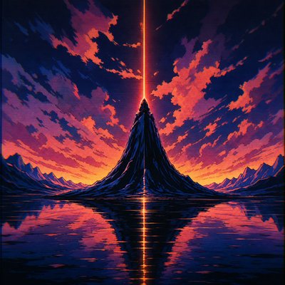 a painting of a mountain with a red light at the top