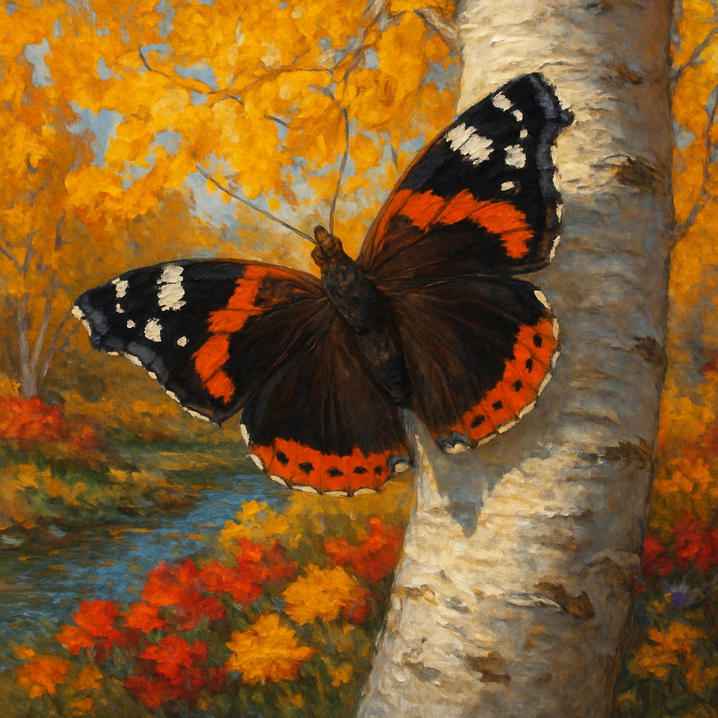 Oil Painting Art Style, a magnificent Red Admiral butterfly with its wings spread wide, revealing intricate patterns of bold black, vivid orange-red, and crisp white, firmly perched on the distinctive, textured white bark of an aspen tree. This scene is set at a lower elevation, where the aspen grows near a gently flowing stream, its banks adorned with a lush fall garden of colorful autumn flowers—deep reds, golden yellows, and fiery oranges—arranged in a picturesque display. Overhead and around, the aspen tree's own leaves are ablaze with brilliant, bright gold, adding a stunning luminosity to the scene. The entire composition is illuminated by clear, crisp autumn light, casting subtle shadows and highlighting the rich textures. Focus on the detailed brushwork on the butterfly's wings, the tangible texture of the aspen bark, and the vibrant, layered colors of the fall foliage and flowers, especially the striking golden aspen leaves, creating a detailed and serene artistic composition.