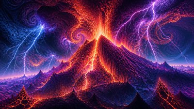 an erupting volcano with lightning strikes, dramatic wide composition, no text