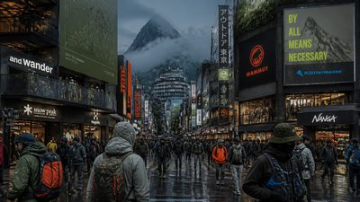 bustling city street panorama at dusk