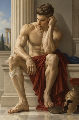 a painting of a man sitting on the ground next to a helmet