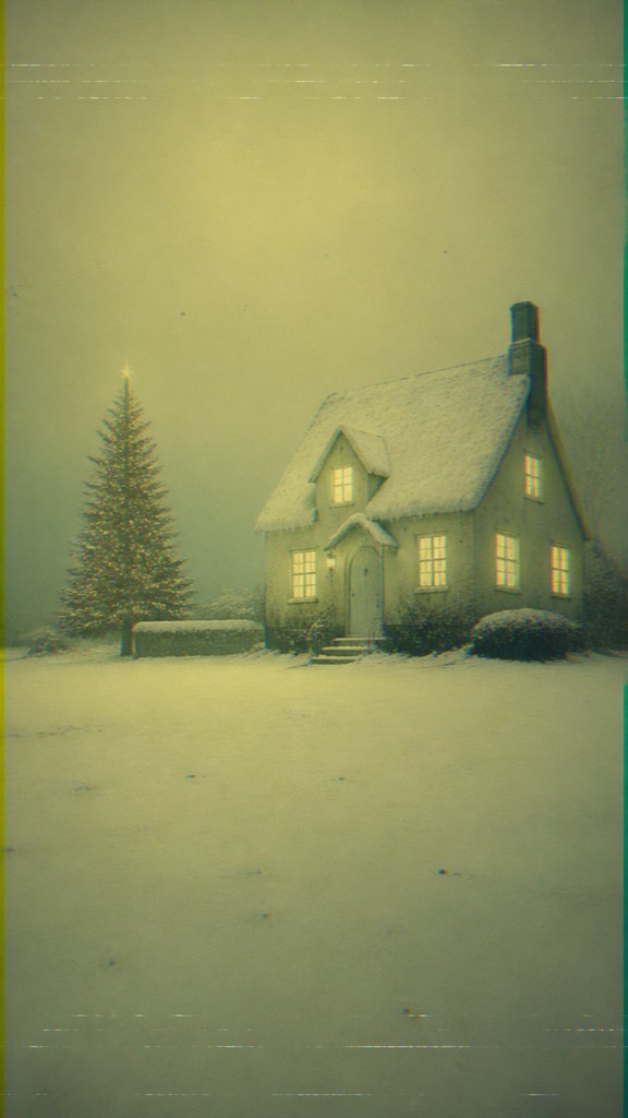 a snow-covered cottage with warm glowing windows beside a decorated pine tree, gentle snowfall, no text