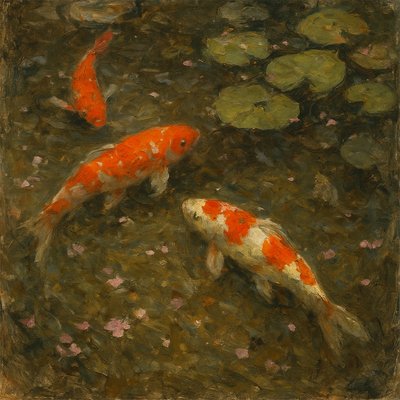 A koi pond seen from above, orange and white koi fish swimming among lily pads, clear water with subtle ripples, fallen cherry blossom petals floating on the surface, dappled sunlight