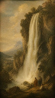 towering waterfall cascading down a cliff