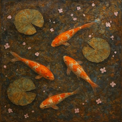 A koi pond seen from above, orange and white koi fish swimming among lily pads, clear water with subtle ripples, fallen cherry blossom petals floating on the surface, dappled sunlight