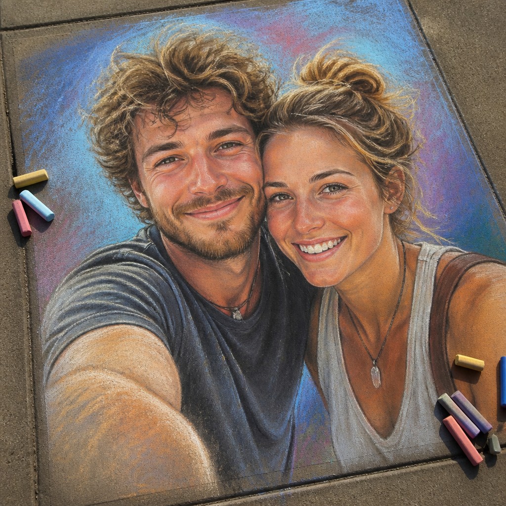 portrait of two people together — Chalk Art Style