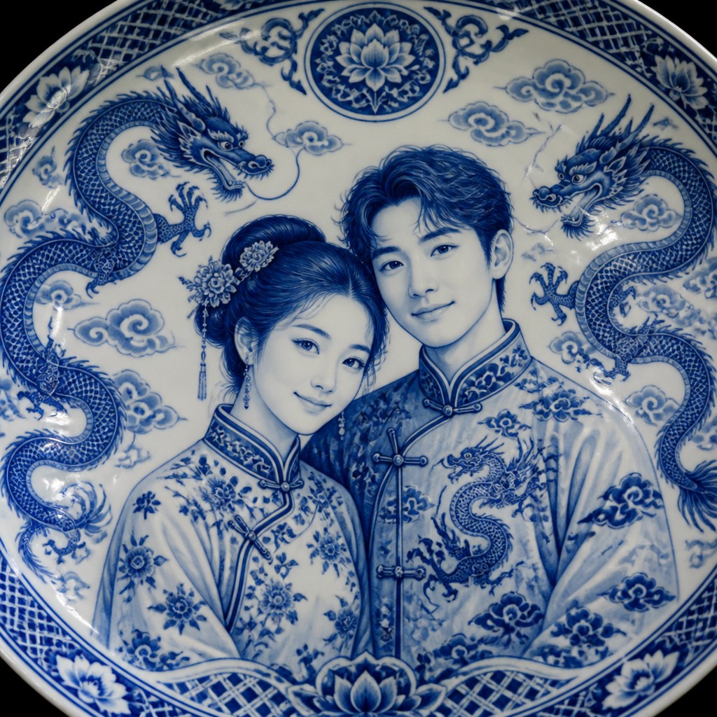 portrait of two people together — Ming Porcelain Art Style