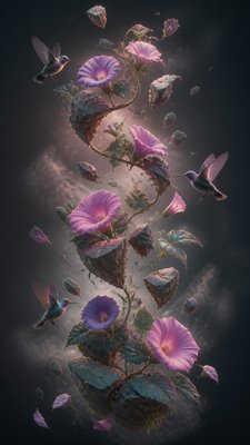 a climbing vine of flowers and hummingbirds on a dark background, tall wrapping composition, no text