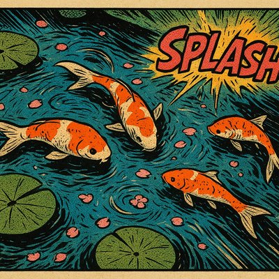 A koi pond seen from above, orange and white koi fish swimming among lily pads, clear water with subtle ripples, fallen cherry blossom petals floating on the surface, dappled sunlight